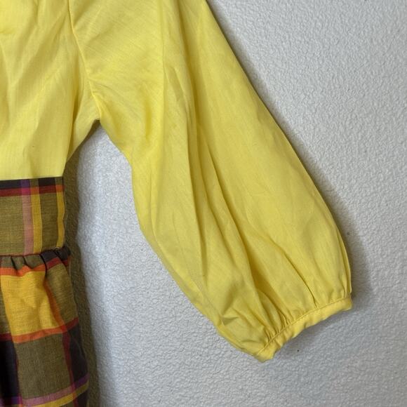 Polly Finders Hand Smocked Girls Dress Size 6X Yellow w/ Plaid Skirt Long Sleeve - Picture 3 of 9